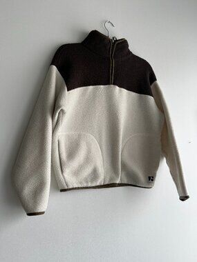Frank And Oak Women's XS Extra Small Polar Fleece 1/4 Zip Brown Cream Sweater